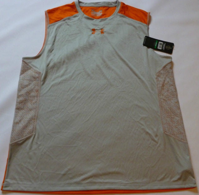 UNDER ARMOUR ETHER FITTED PRINTED SLEEVELESS RUNNING TEE-ORANGE/GREY